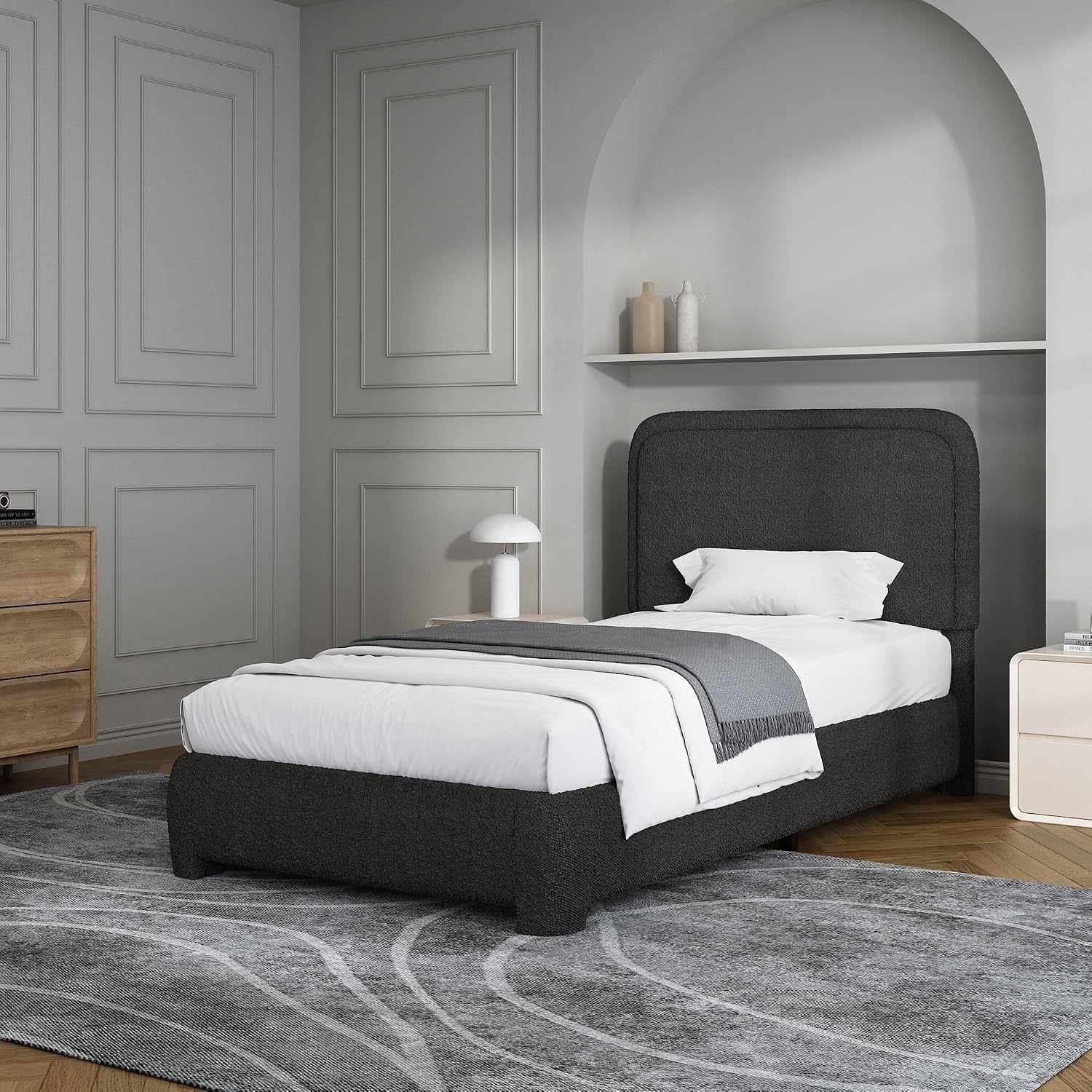 BarnFurin Twin Size Bed Frame, Boucle Upholstered Platform Bed Frame with Headboard, Soft Rounded Corners, No Box Spring Required, Non-Slip and Noise-Free, Easy Assembly, Black