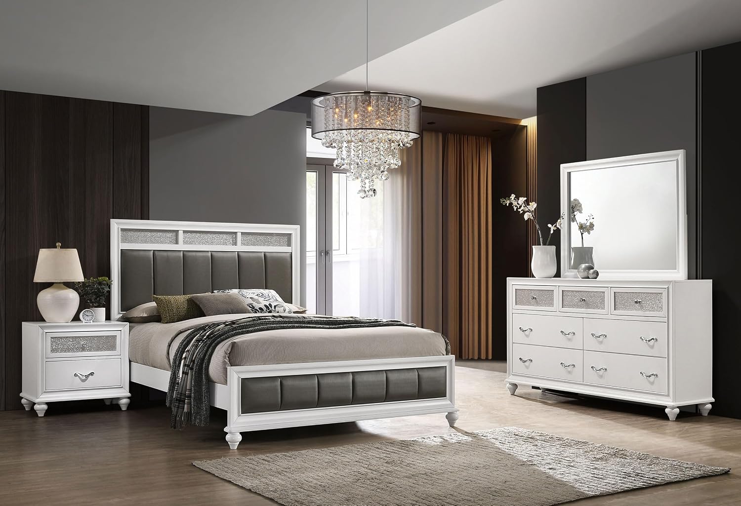 Coaster Home Furnishings Barzini Modern Classic 4-Piece Bedroom Set Leatherette Upholstered Eastern King Size Panel Bed Frame 56-inch Headboard White 205891KE-S4