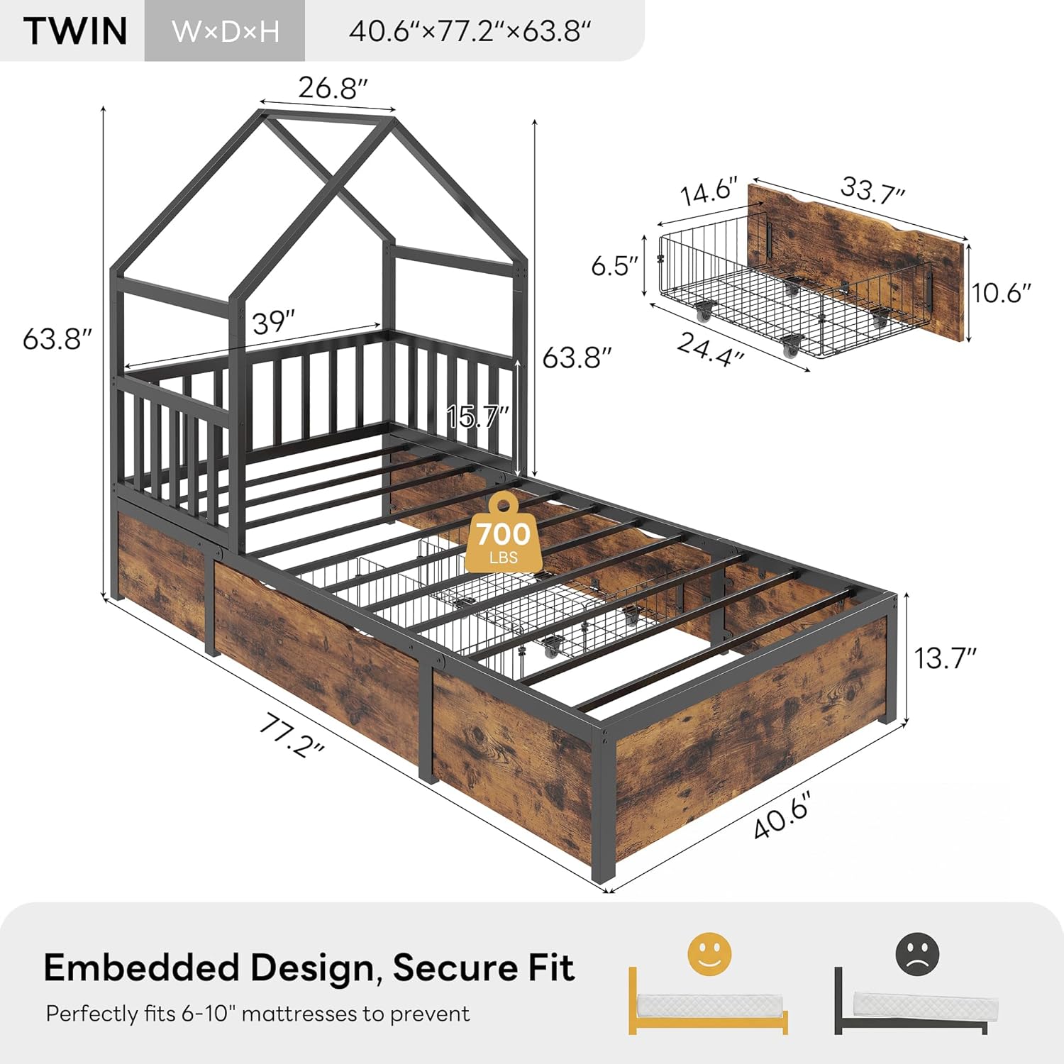 LIKIMIO Twin Bed Frame with Storage, Wooden Platform Bed with Sturdy Metal Slats Support, No Box Spring Needed, Vintage Brown and Black