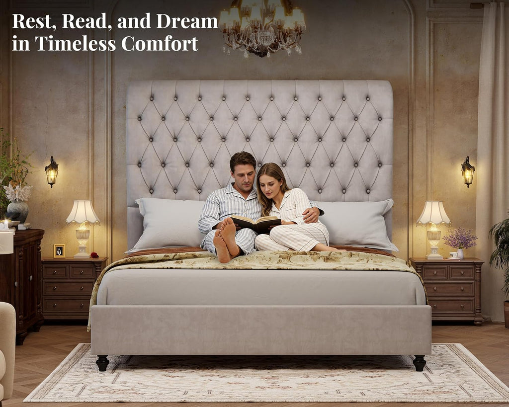 Jocisland King Size Bed Frame with 59' Tall Upholstered Headboard, Luxury Velvet Bed with Handcrafted Deep-Tufted Design and Solid Wood Legs, Noise-Free, No Box Spring Needed, Cream