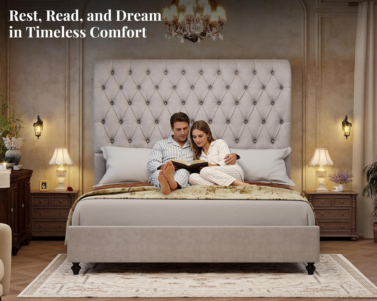 Jocisland King Size Bed Frame with 59' Tall Upholstered Headboard, Luxury Velvet Bed with Handcrafted Deep-Tufted Design and Solid Wood Legs, Noise-Free, No Box Spring Needed, Cream