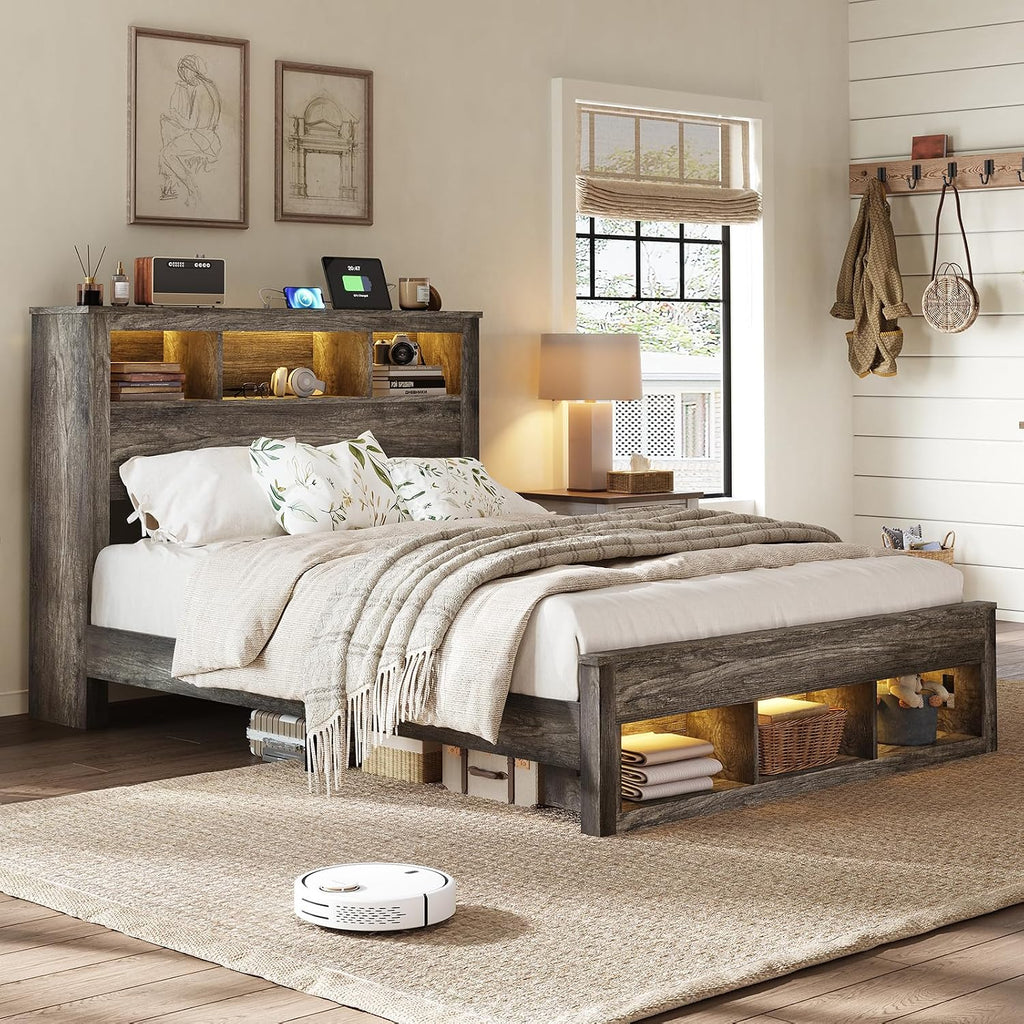 Albott Farmhouse Full Size Bed Frame with Storage/Bookcase Headboard & Footboard, Wood Platform Bed with LED Lights/Charging Station, Heavy-Duty Metal Support/No Box Spring Needed/Noise-Free, Gray