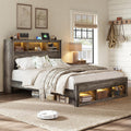 Albott Farmhouse Full Size Bed Frame with Storage/Bookcase Headboard & Footboard, Wood Platform Bed with LED Lights/Charging Station, Heavy-Duty Metal Support/No Box Spring Needed/Noise-Free, Gray