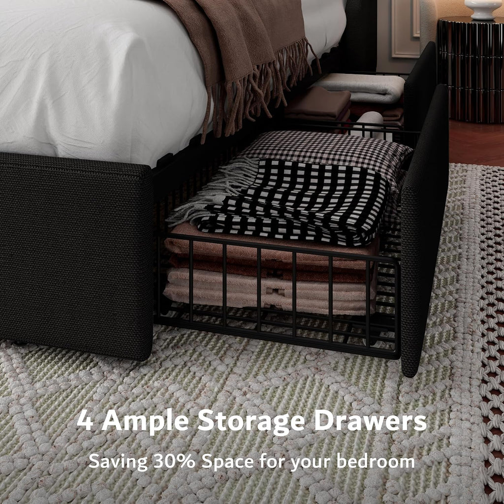 iPormis King Bed Frame with 4 Storage Drawers, Upholstered Platform Bed Frame with Type-C & USB Ports, Wingback Storage Headboard, Solid Wood Slats, No Box Spring Needed, Black
