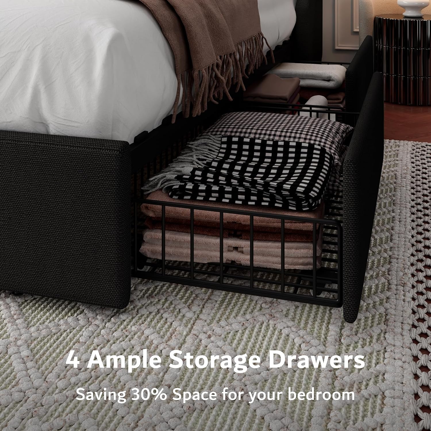 iPormis King Bed Frame with 4 Storage Drawers, Upholstered Platform Bed Frame with Type-C & USB Ports, Wingback Storage Headboard, Solid Wood Slats, No Box Spring Needed, Black