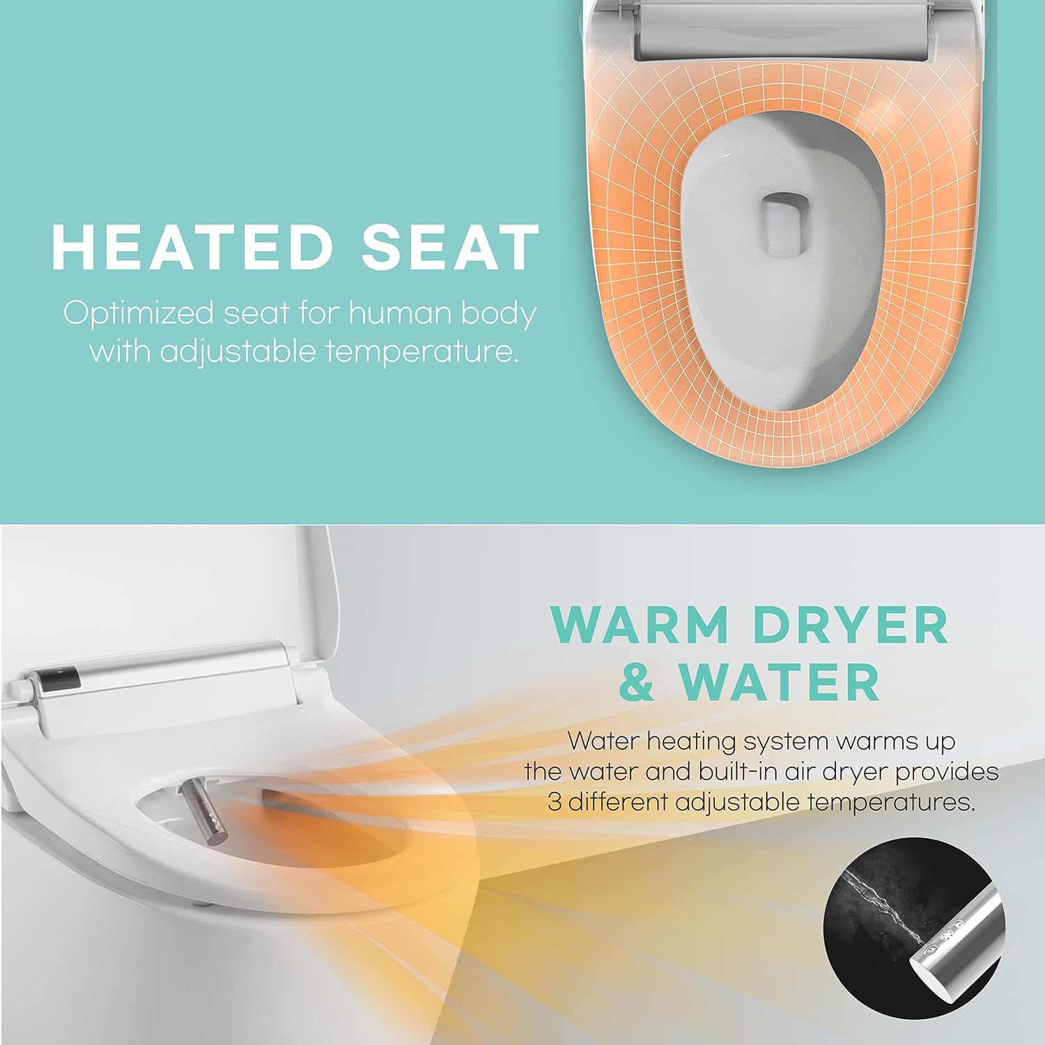 VOVO VB-4000SE Elongated Bidet Toilet Seat, Warm Water, LED Light, Heated Seat, White, Deodorizer, Dryer, Stainless Steel Nozzle, Made in Korea