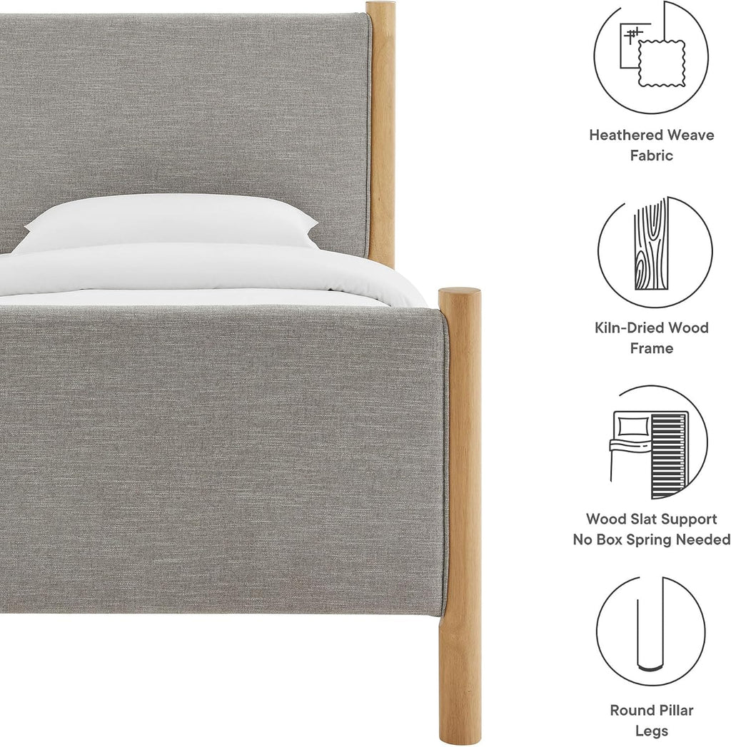 Modway Maven Twin Size Bed Frame in Wheat Oak with Upholstered Fabric Headboard and Footboard – Wood Twin Platform Bed Frame – No Box Spring Needed