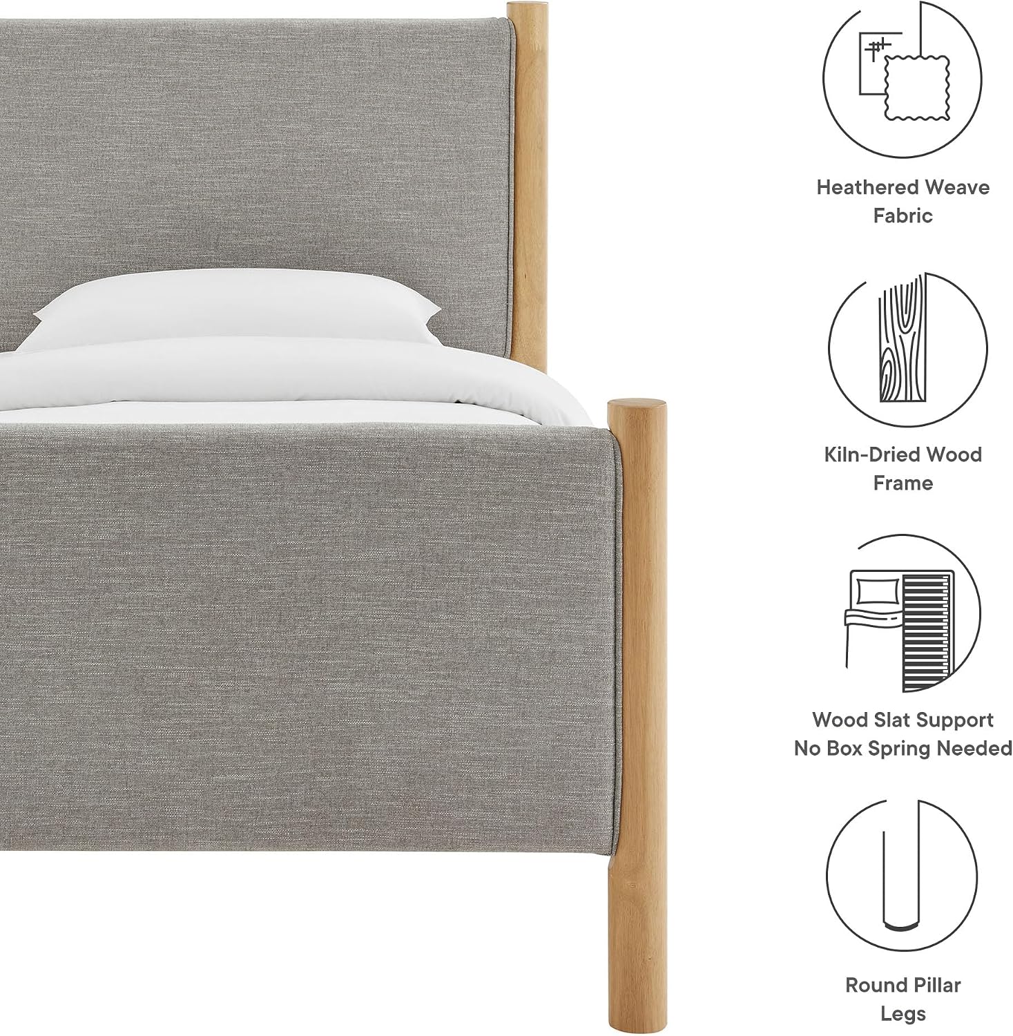 Modway Maven Twin Size Bed Frame in Wheat Oak with Upholstered Fabric Headboard and Footboard – Wood Twin Platform Bed Frame – No Box Spring Needed