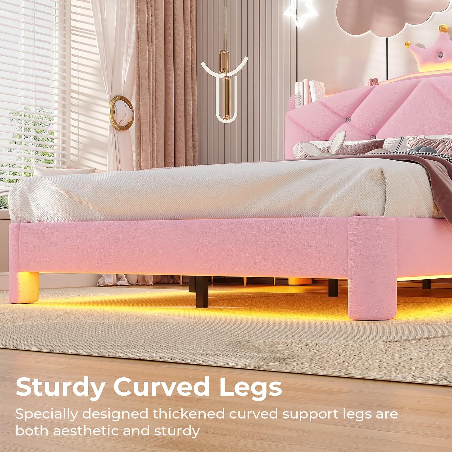MSmask Full Bed Frame with LED Lights, Princess Upholstered Bed with Headboard with Charging Station & Crystal Button & Crown, Velvet Platform Bed for Girls, Solid Wood Slats, Curved Legs, Pink