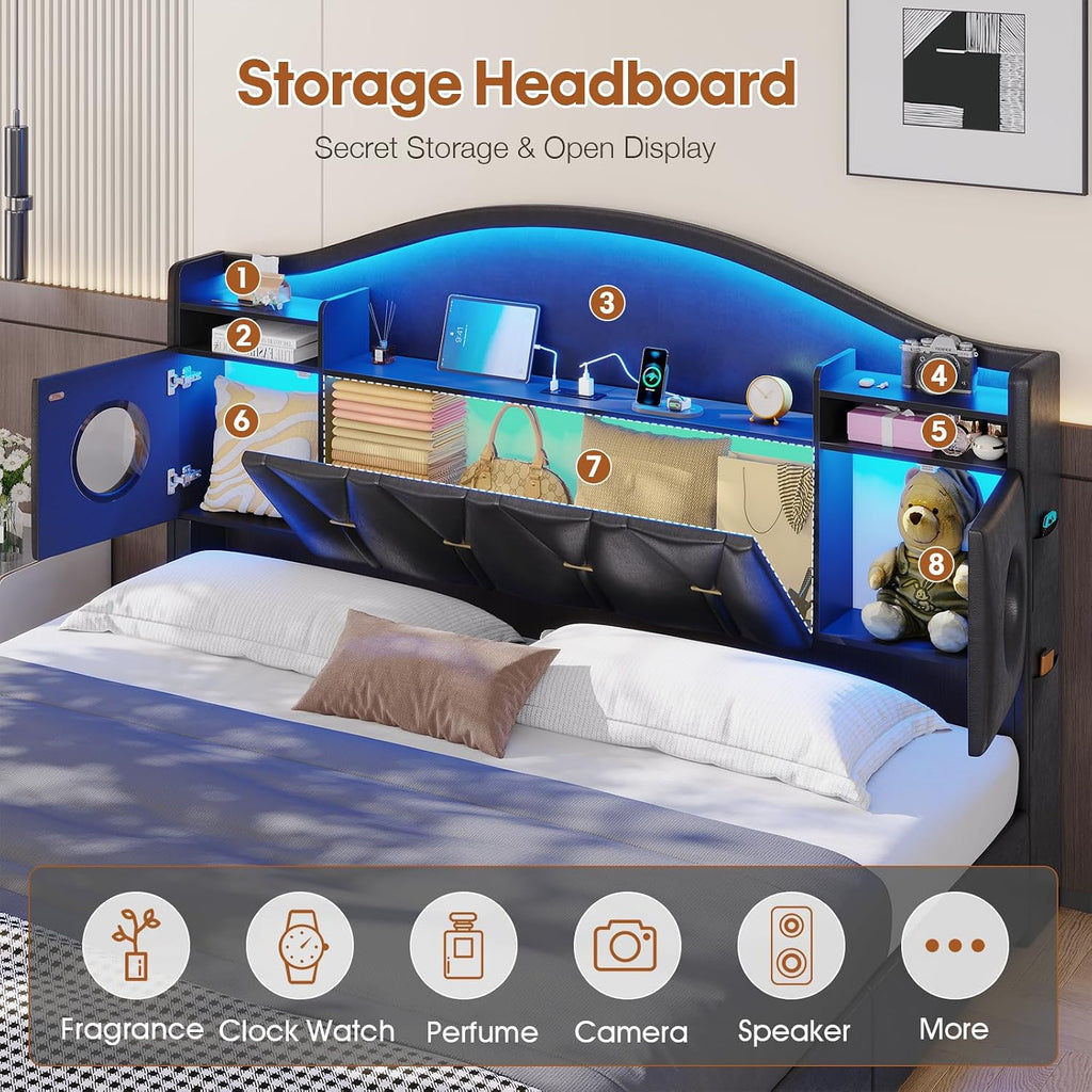 busyaeh California King Bed Frames,Cal King Bed Frame,California King Bed Frame with 6 Storage Drawers & LED Lights & Charging Station and Leather Upholstered headboard,No Box Spring Needed, PU Black