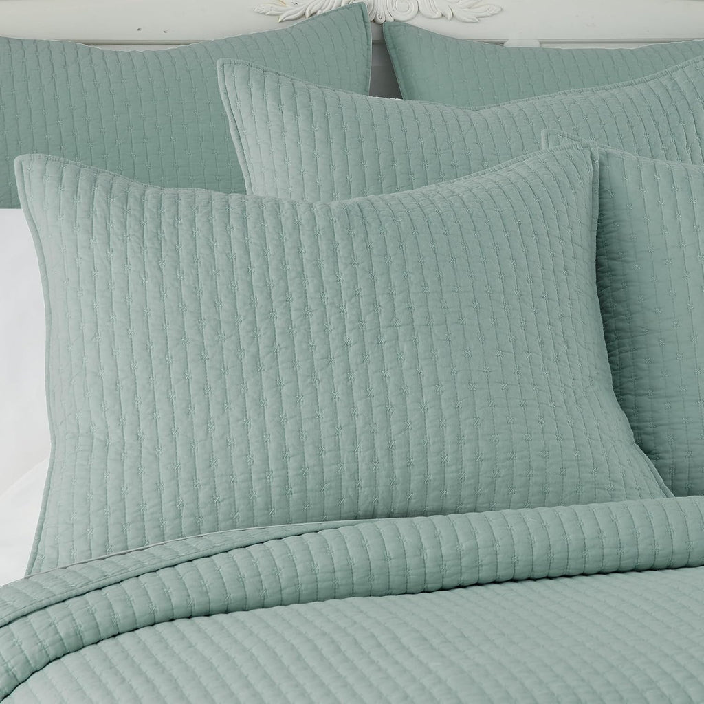 Levtex Home Cross Stitch Reversible Full/Queen Quilt Set (88x92in) with 2 Pillow Shams (26x20in) - Stitch Texture - Blue Haze - Cotton Full/Queen Size Quilt Bedding Set - Lightweight, Soft, Pre-Washed