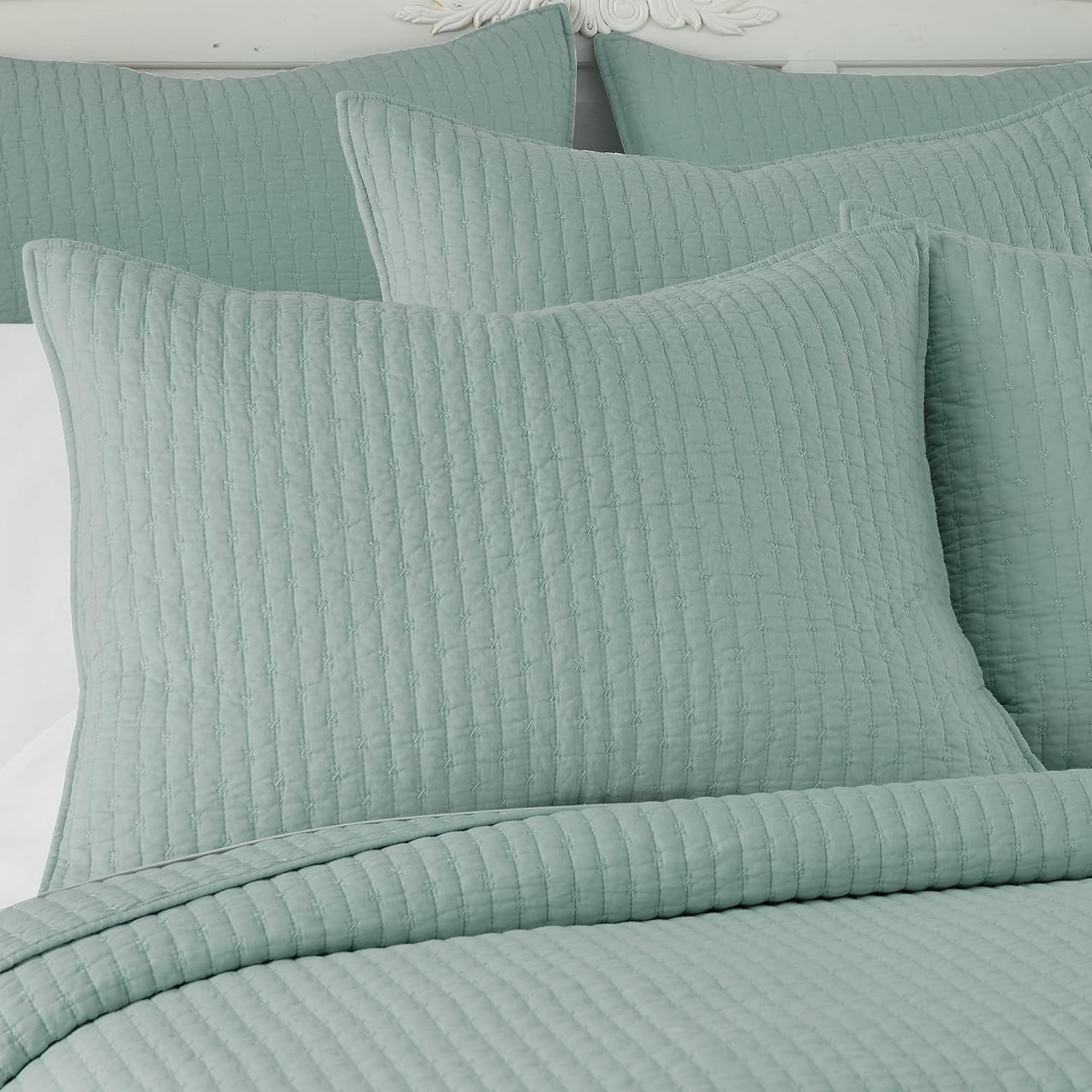 Levtex Home Cross Stitch Reversible Full/Queen Quilt Set (88x92in) with 2 Pillow Shams (26x20in) - Stitch Texture - Blue Haze - Cotton Full/Queen Size Quilt Bedding Set - Lightweight, Soft, Pre-Washed