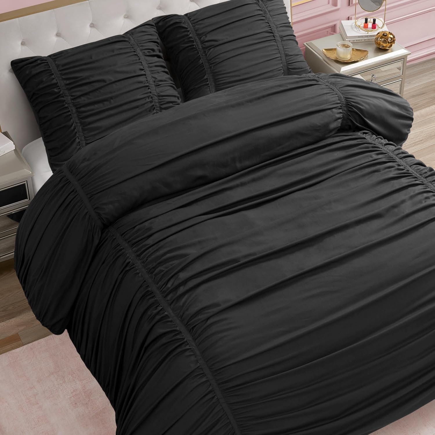 Juicy Couture Ribbon Ruched 2 Piece Twin/Twin XL Comforter Set, Black Bedding Ensemble