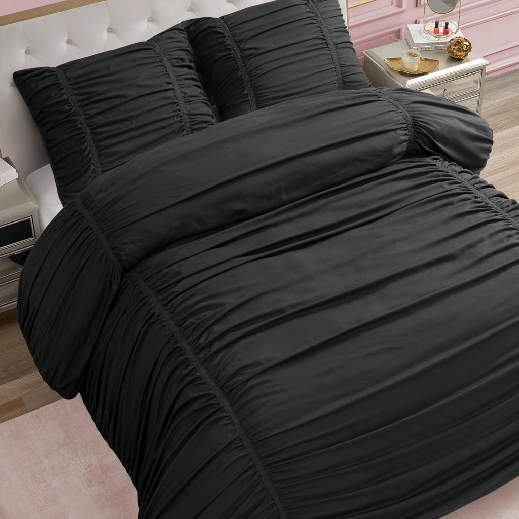 Juicy Couture Ribbon Ruched 3 Piece King Comforter Set, Black Bedding Ensemble