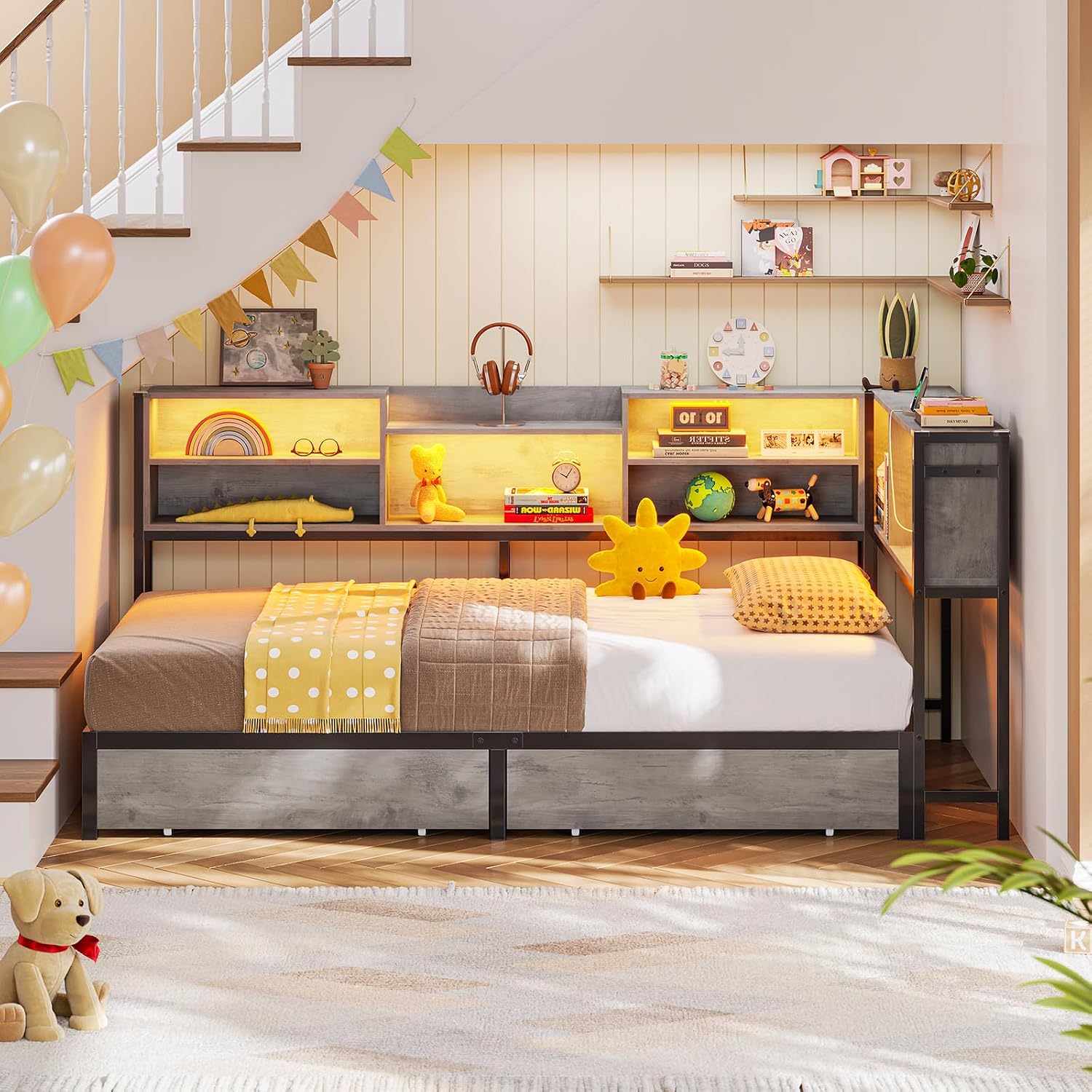 Hasuit Corner Bed Frame Twin with 2 Drawers and Storage Bookcase, Daybed with Charging Station and LED Lights, Metal Platform Bed with Bookshleves,Twin Size Bed Frame for Kids Teens Guests, Oak Gray