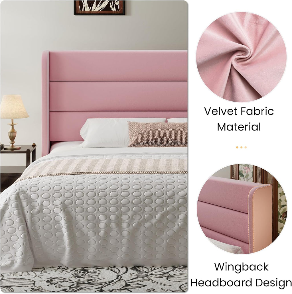 SHA CERLIN Queen Size Velvet Bed Frame with Wingback Headboard/Upholstered Platform Bed with Wooden Slats/Mattress Foundation/No Box Spring Needed/Easy Assembly/Pink
