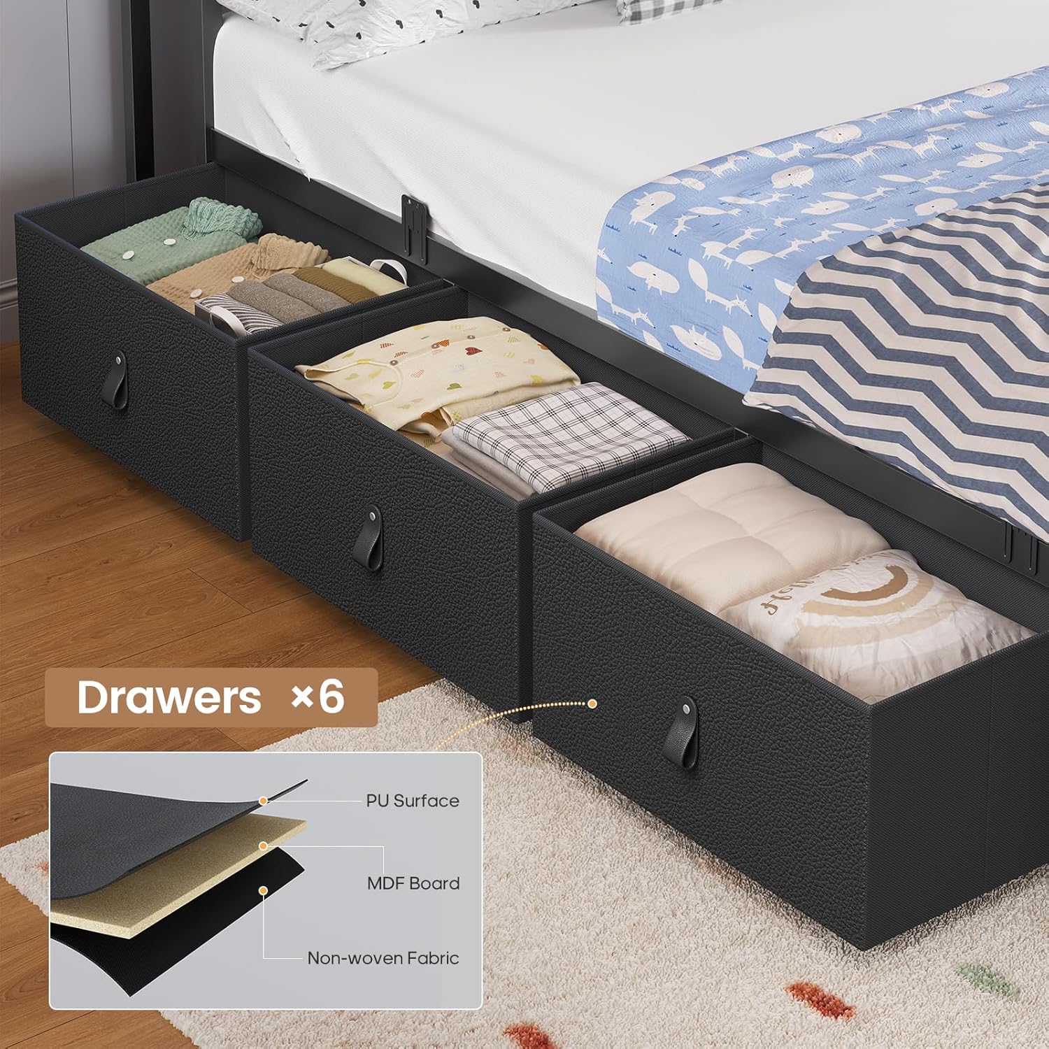 ADORNEVE Twin Bed Frame with 6 Storage Drawers & 2-Tier LED Headboard – Kids Boy Bed with Power Outlets & RGB Lights, 2 Footboard Cubbies– Space-Saving No Box Spring Needed, Black