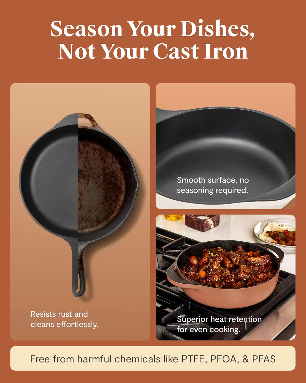 Caraway 10.5' Cast Iron Skillet and 3.5qt Braiser Pan Duo - 3 Layer Enamel Coating - No Seasoning Required - Compatible With All Stovetops - Oven Safe - Free From Forever Chemicals - Midnight Blue