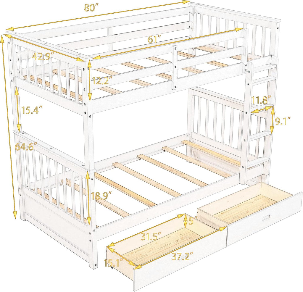 Harper & Bright Designs Twin-Over-Twin Bunk Bed with Two Storage Drawers, Solid Wood Twin Size Bunk Bed with Guardrial and Removble Ladder, Can be Converted Into 2 Separate Beds, Espresso