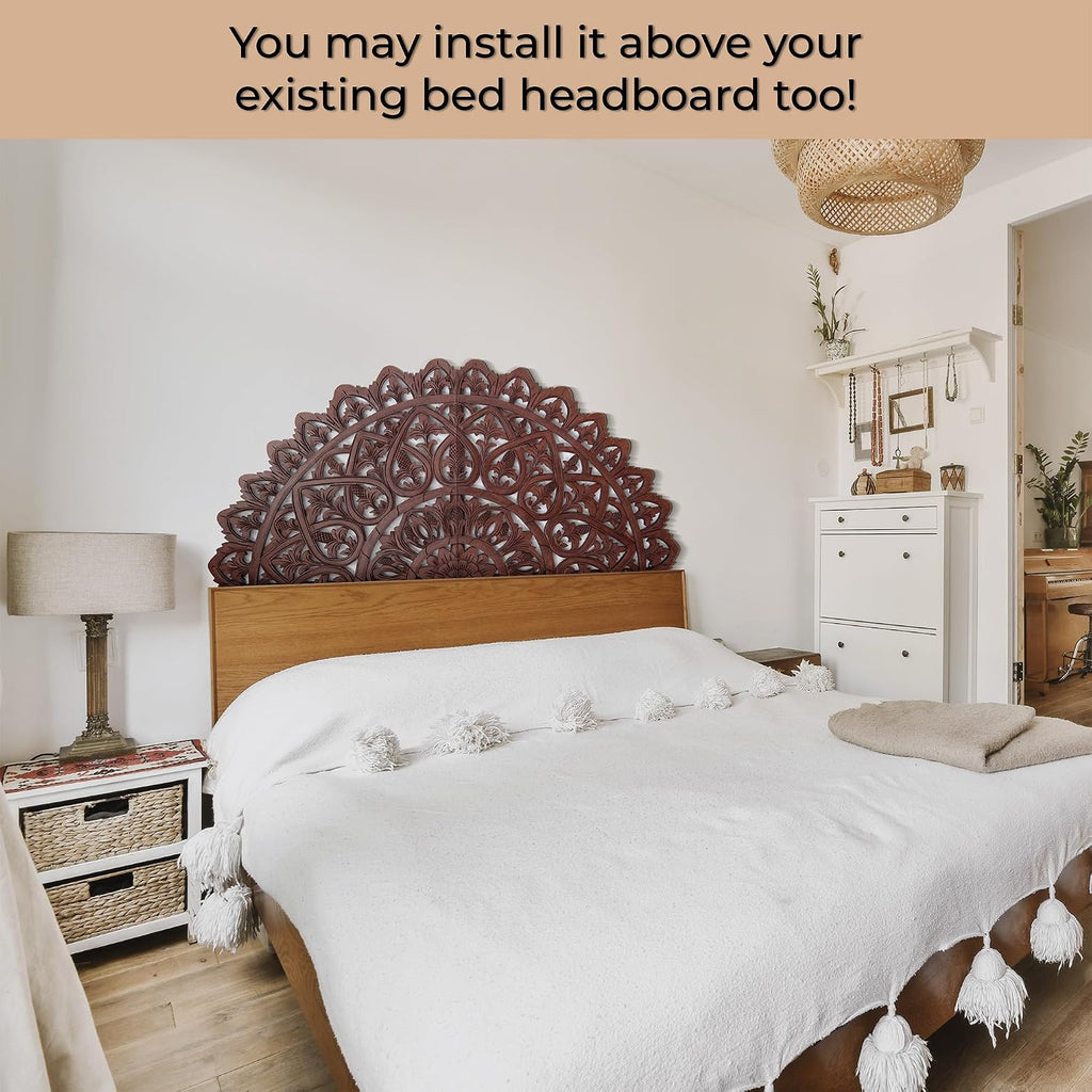 King Bed Headboard 72x36 in, Mahkota Brown Hand Carved Panels, Made in Bali Indonesia, Wall Mount or Behind Bed, 2 Panel Set