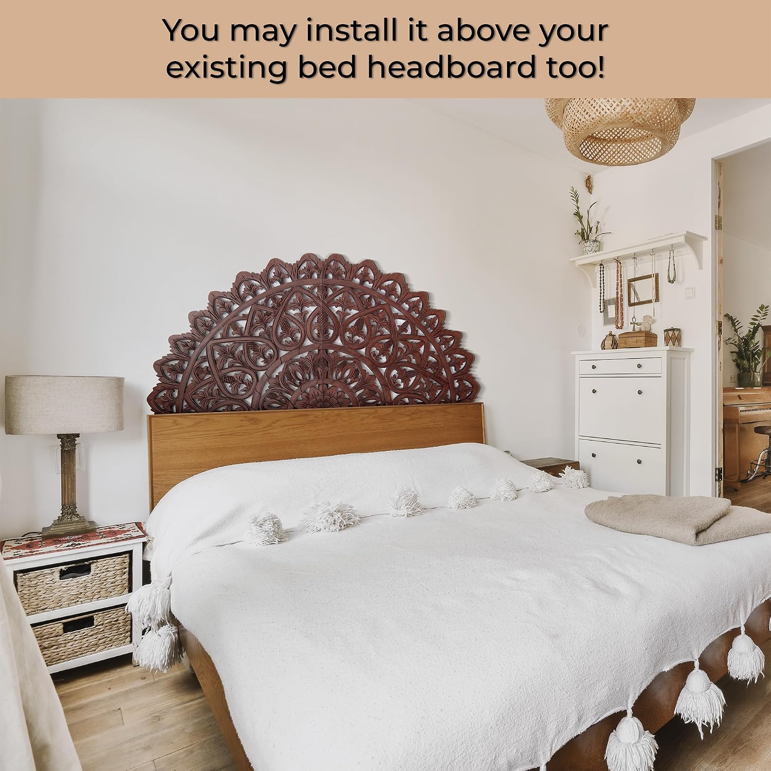 King Bed Headboard 72x36 in, Mahkota Brown Hand Carved Panels, Made in Bali Indonesia, Wall Mount or Behind Bed, 2 Panel Set