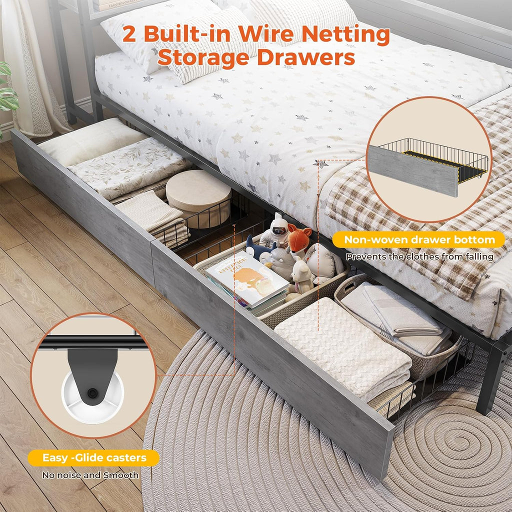 DICTAC Corner Twin Bed Frame with Bookcase Storage Headboard and Led Lights,Twin Size Metal Platform Corner Bed Frames with 2 Drawers and Charging Station,Twin Daybed for Kids and Teens,Oak Gray