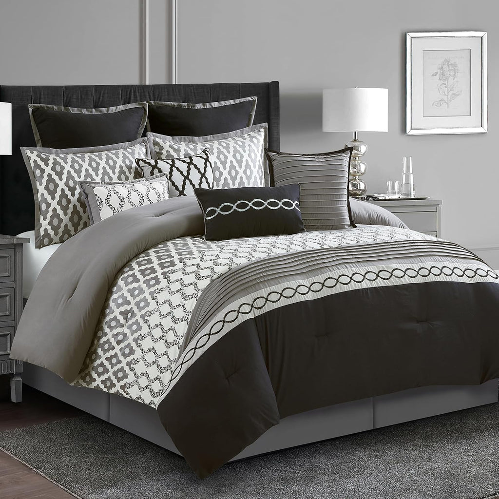 LANCO MODERN LIFESTYLE King Size Comforter Set, Black, 10 Piece Bed in a Bag for All Seasons, Luxury Extreme Comfort Bedding Sets with Bedskirt, Pillow Shams, Euro Shams and Decor Pillows