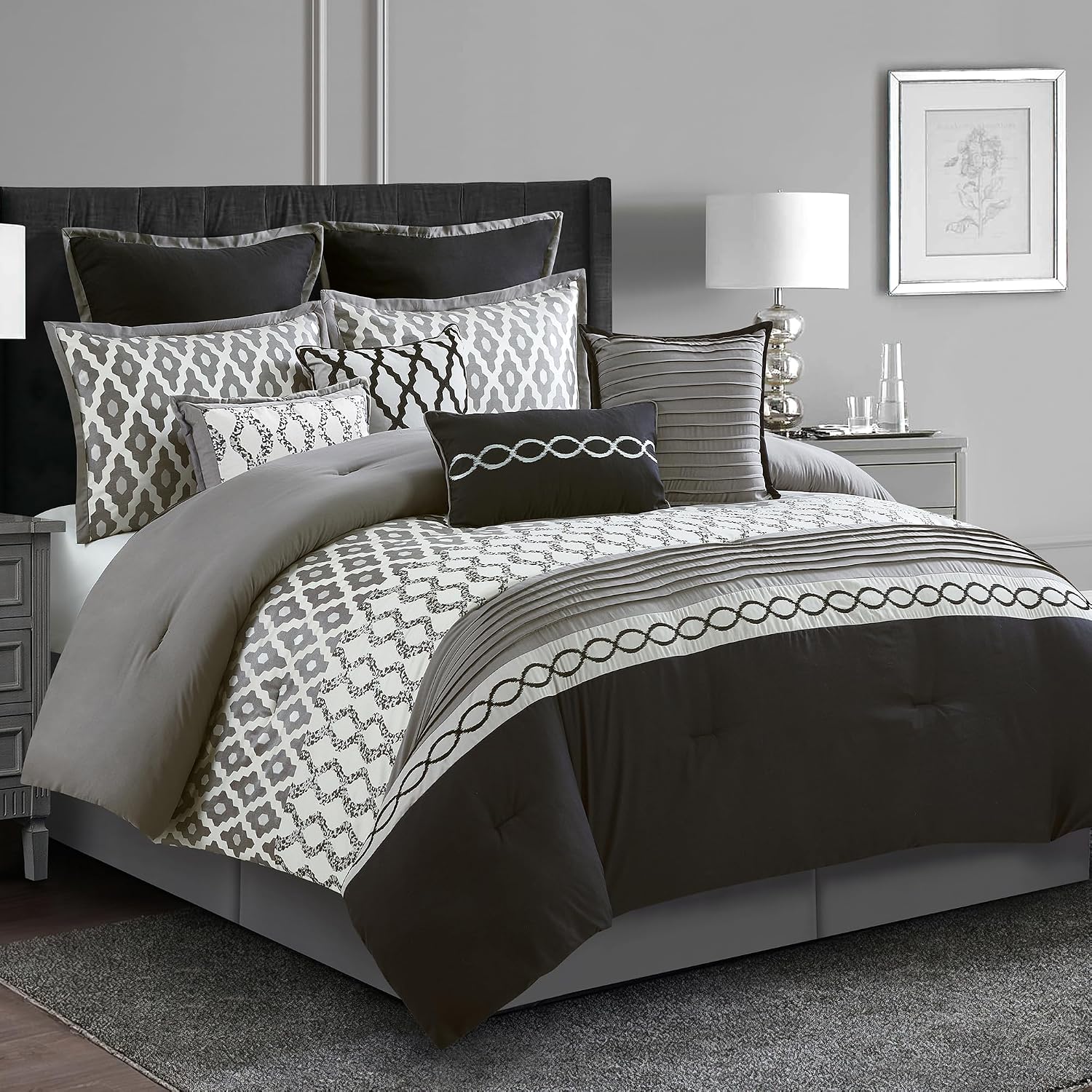 LANCO MODERN LIFESTYLE King Size Comforter Set, Black, 10 Piece Bed in a Bag for All Seasons, Luxury Extreme Comfort Bedding Sets with Bedskirt, Pillow Shams, Euro Shams and Decor Pillows