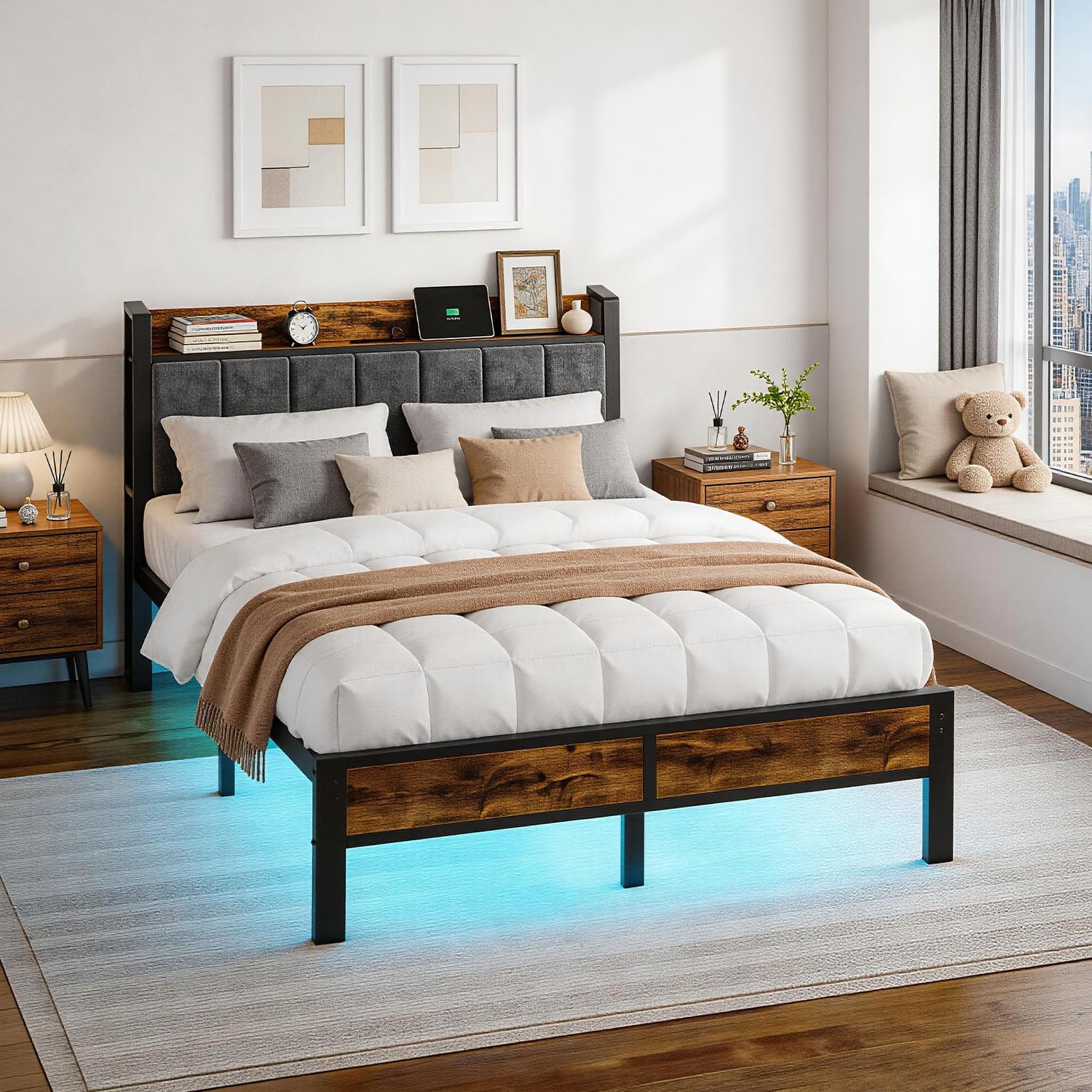Liians Full Size LED Bed Frame with Charging Station and Storage Headboard, Metal Platform Bed, No Box Spring Needed, Easy Assembly, Noise Free