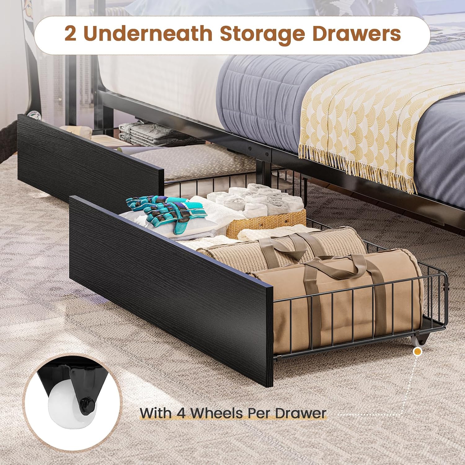 Hasuit Corner Bed Frame Full with 2 Drawers and Storage Bookcase, Daybed with Charging Station and LED Lights, Metal Platform Bed with Bookshleves, Full Size Bed Frame for Kids Teens Guests, Black