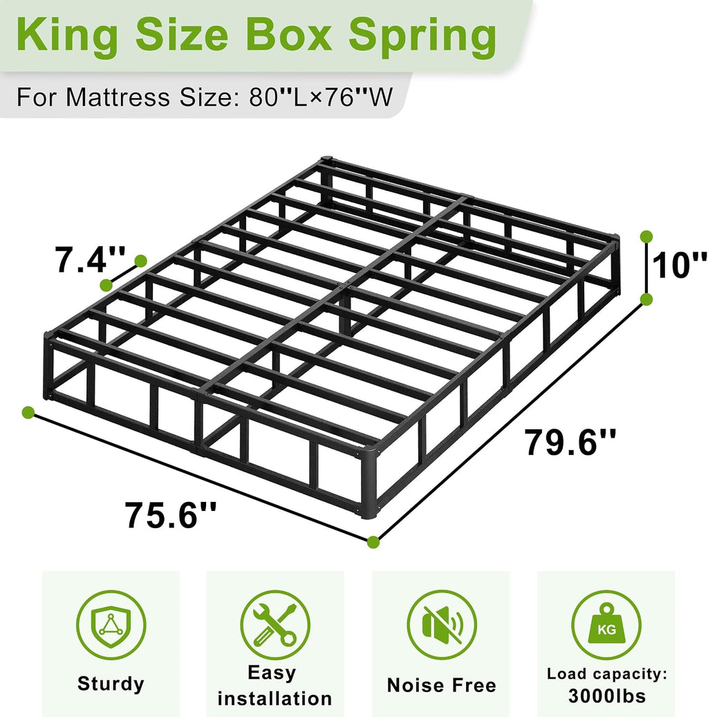 Seiugaga King Box Spring 10 Inch - Heavy Duty Box Spring Mattress Foundation Metal Bed Base with Fabric Cover, Noise Free Easy Assembly Non Slip/Non-Slip/Easy Assembly