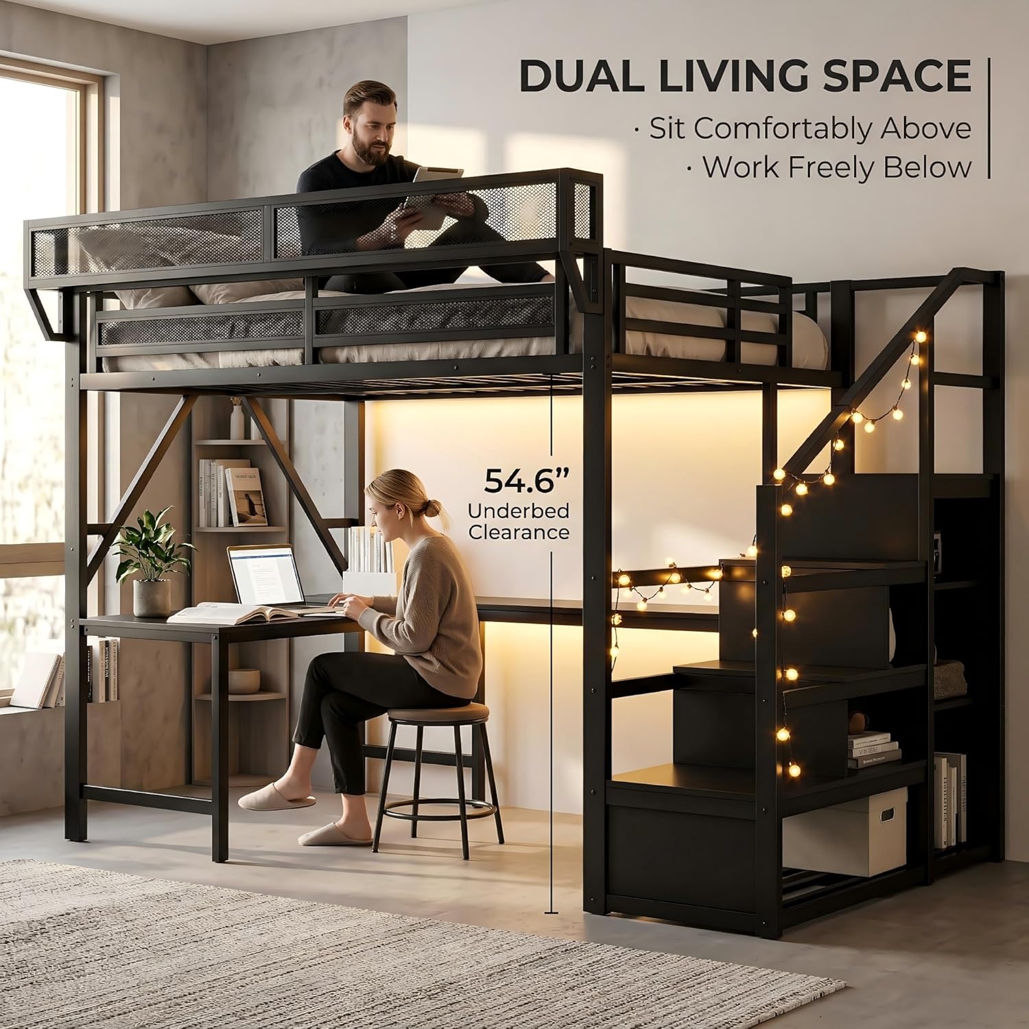 Mirightone Full Size Loft Bed with Desk and Light, Metal Loft Bed Frame with Stairs and Bedside Shelf, Tall Lofts Beds with Storage Shelves and Wardrobe for Kids Teens, Black