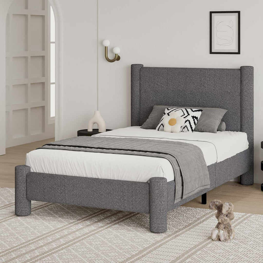 REVOMINCA Twin Size Bed Frame, Boucle Upholstered Platform Bed with Headboard and Footboard, Soft Rounded Corners, No Box Spring Required, Easy Assembly, Dark Grey