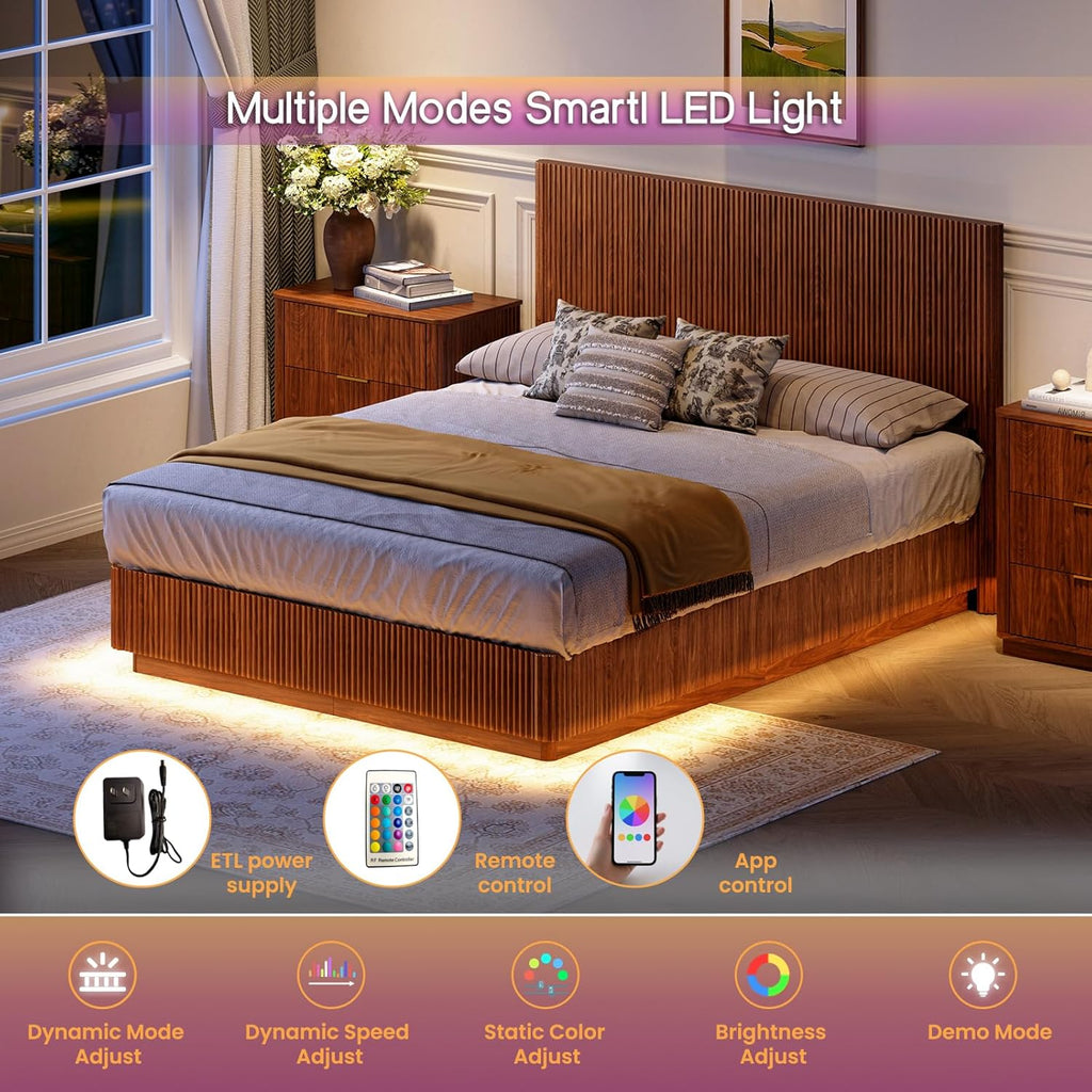 ivoros Mid Century Modern Bed Frame Queen Size, Fluted Platform Bed Frame with Headboard, Wood and Steel Platform Beds with LED Lights, Heavy Metal Frame Support, No Box Spring Needed, Walnut