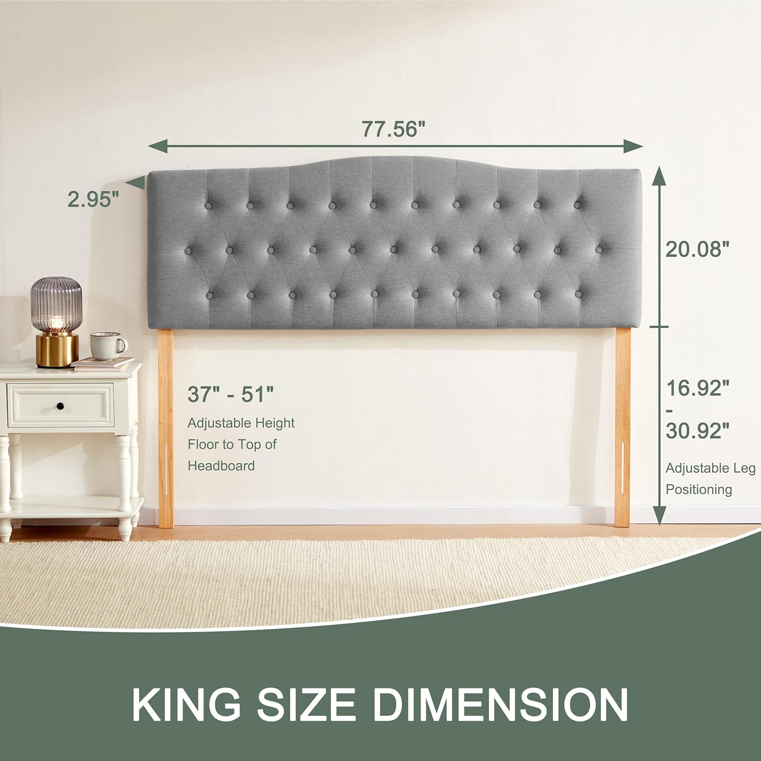 Huatean Home Tufted Upholstered Headboard King Size, Sturdy and Durable Solid Wood Bed headboard, Fabric Headboard Adjustable Height from 37' to 51', Modern Button Diamond Design Head Board, Grey