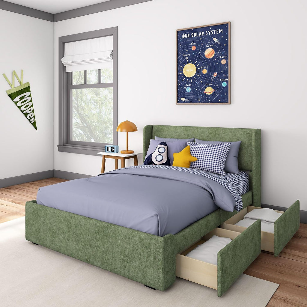 Max & Lily Upholstered Full Bed Frame with Rectangular Headboard and Two Storage Drawers, Upholstered Platform Bed for Kids, No Box Spring Needed, Easy Assembly, Green
