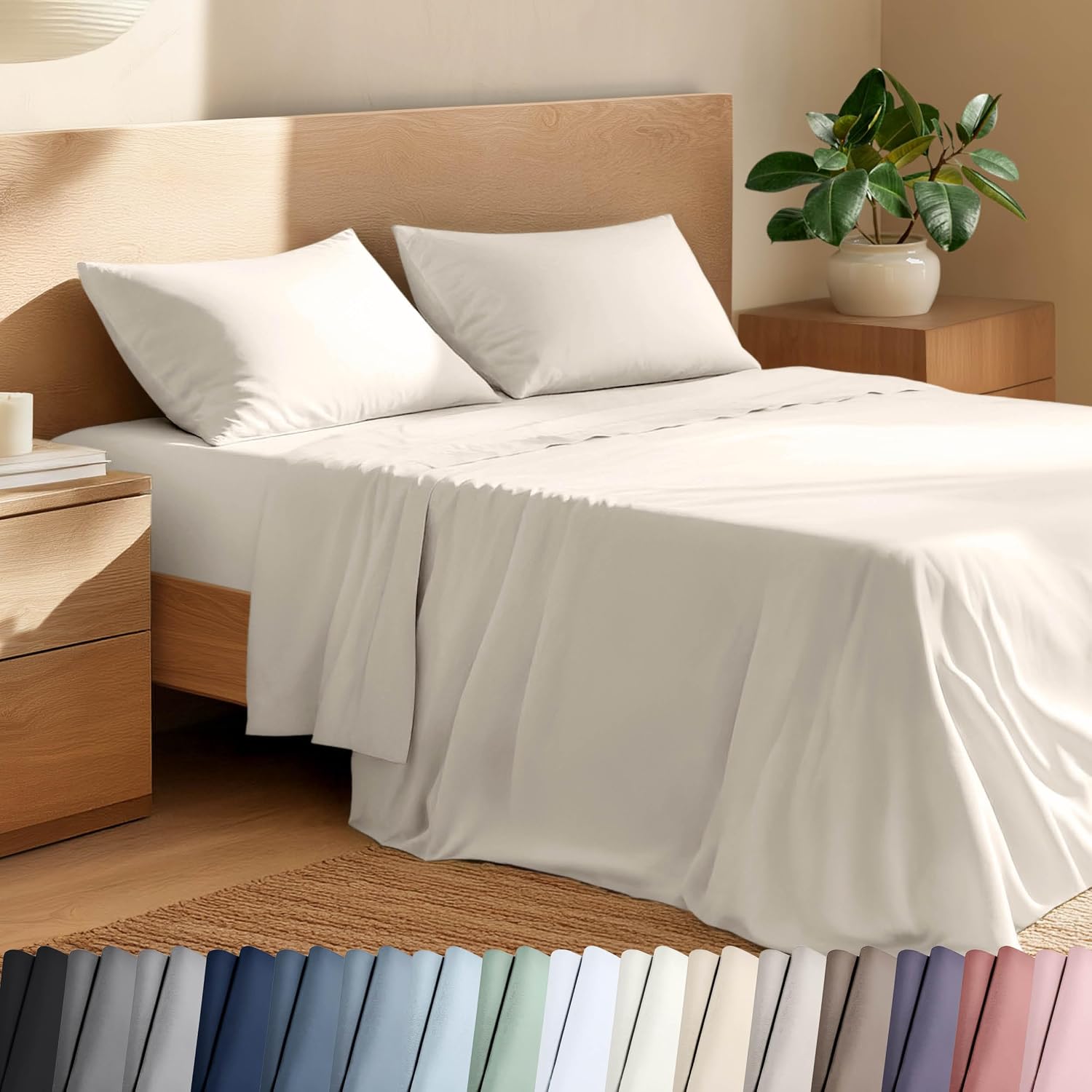 Bare Home 100% Organic Cotton Split King Sheet Set - Crisp Percale Weave - Lightweight & Breathable - Bedding Sheets & Pillowcases (Split King, French Beige)