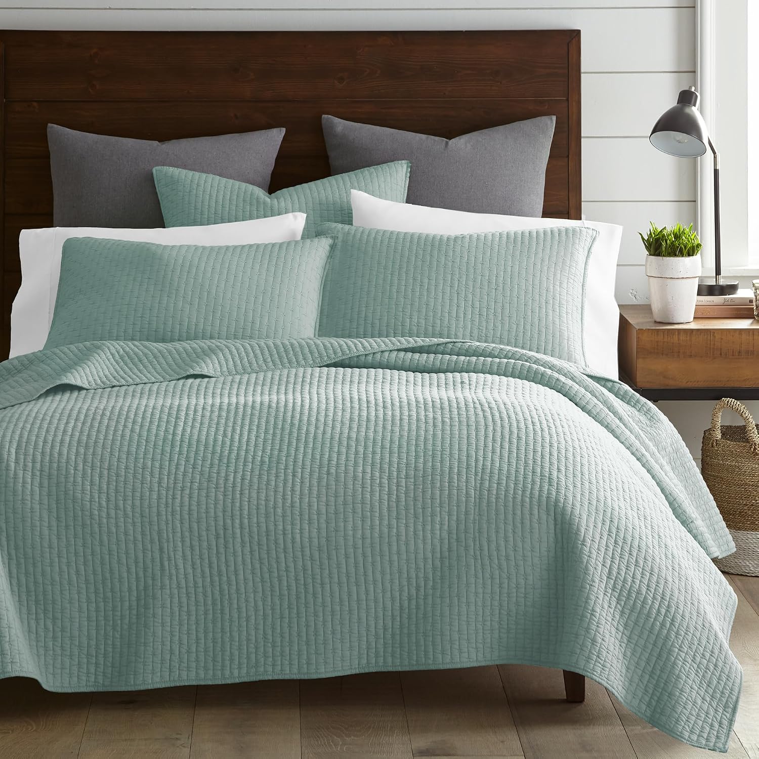 Levtex Home Cross Stitch Reversible Twin XL/Twin Quilt Set (68x86in) with 1 Pillow Sham (26x20in) - Stitch Texture - Blue Haze - Cotton Twin/Twin Size Quilt Bedding Set - Lightweight Soft Pre-Washed
