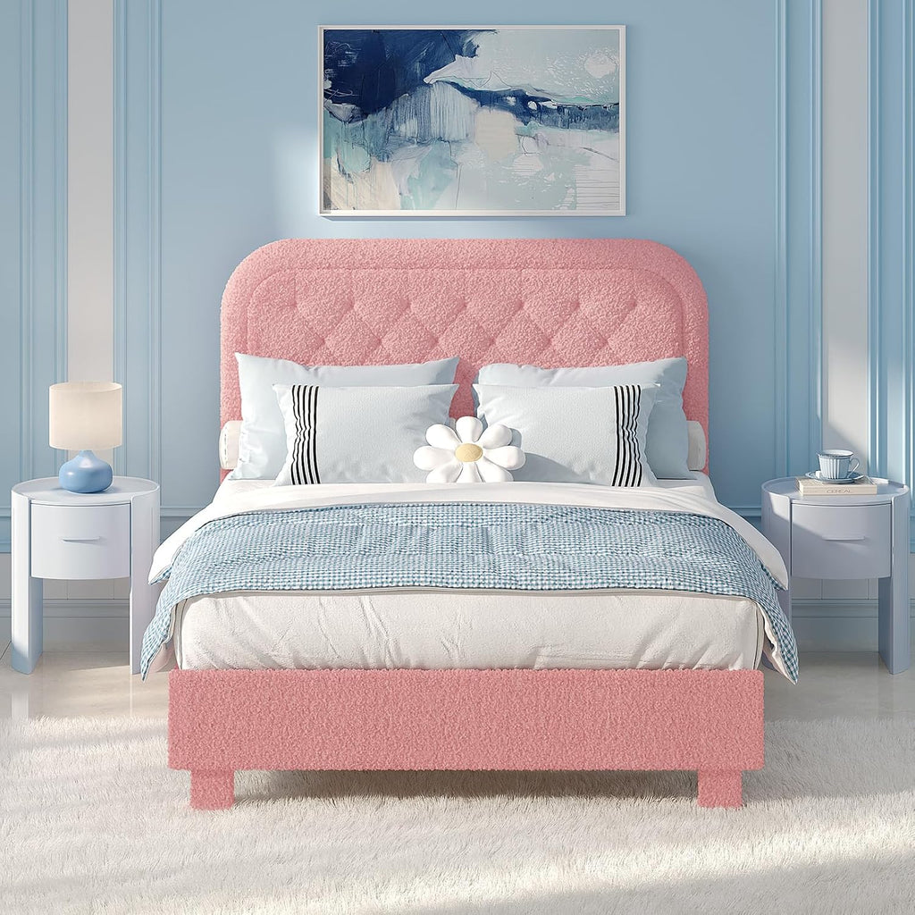 VINGLI Full Boucle Cloud Bed Frame with Headboard,Upholstered Soft Bed with Wood Sturdy Slats Support, Rounded Corners,Modern Cream Style,Easy Assembly, Pink