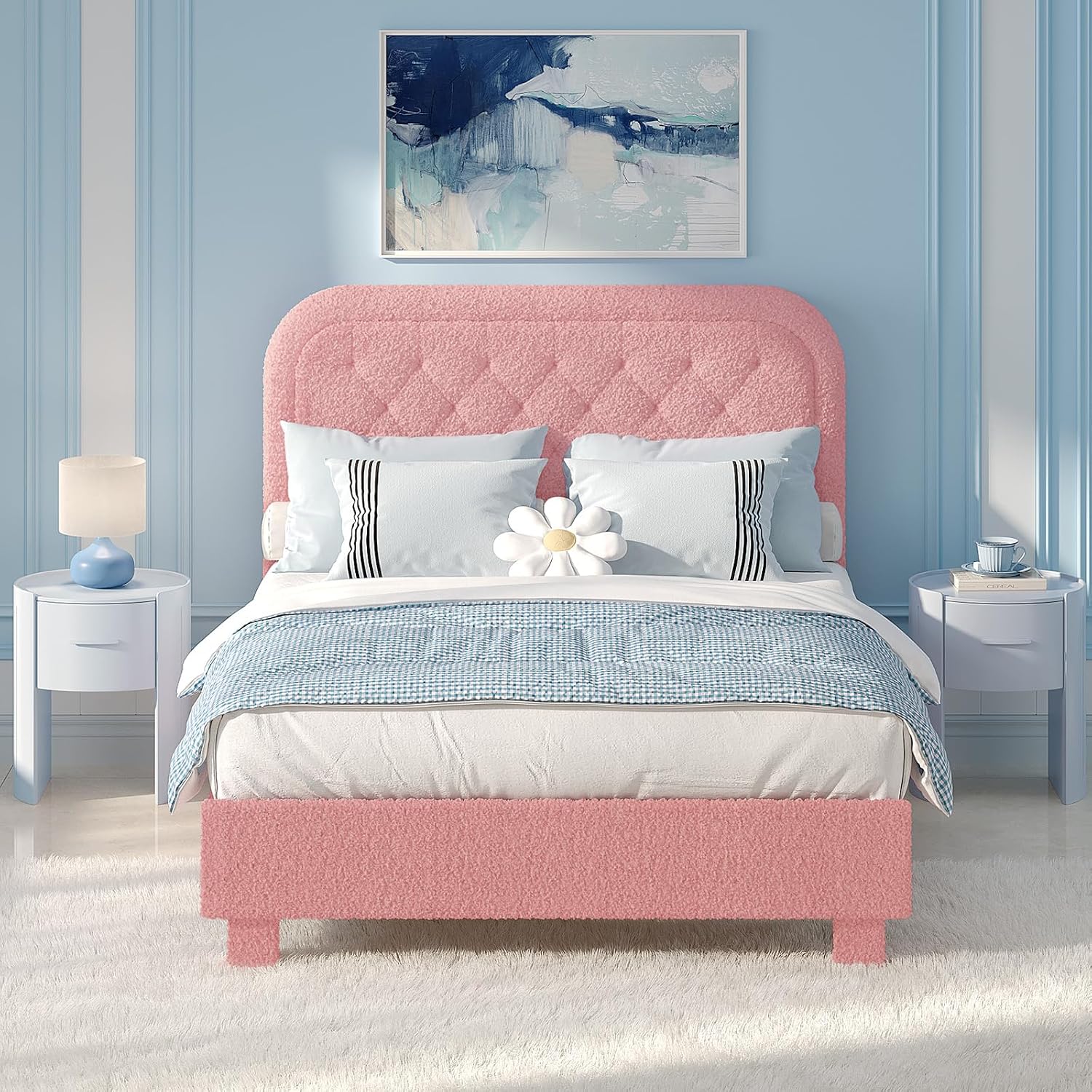 VINGLI Full Boucle Cloud Bed Frame with Headboard,Upholstered Soft Bed with Wood Sturdy Slats Support, Rounded Corners,Modern Cream Style,Easy Assembly, Pink