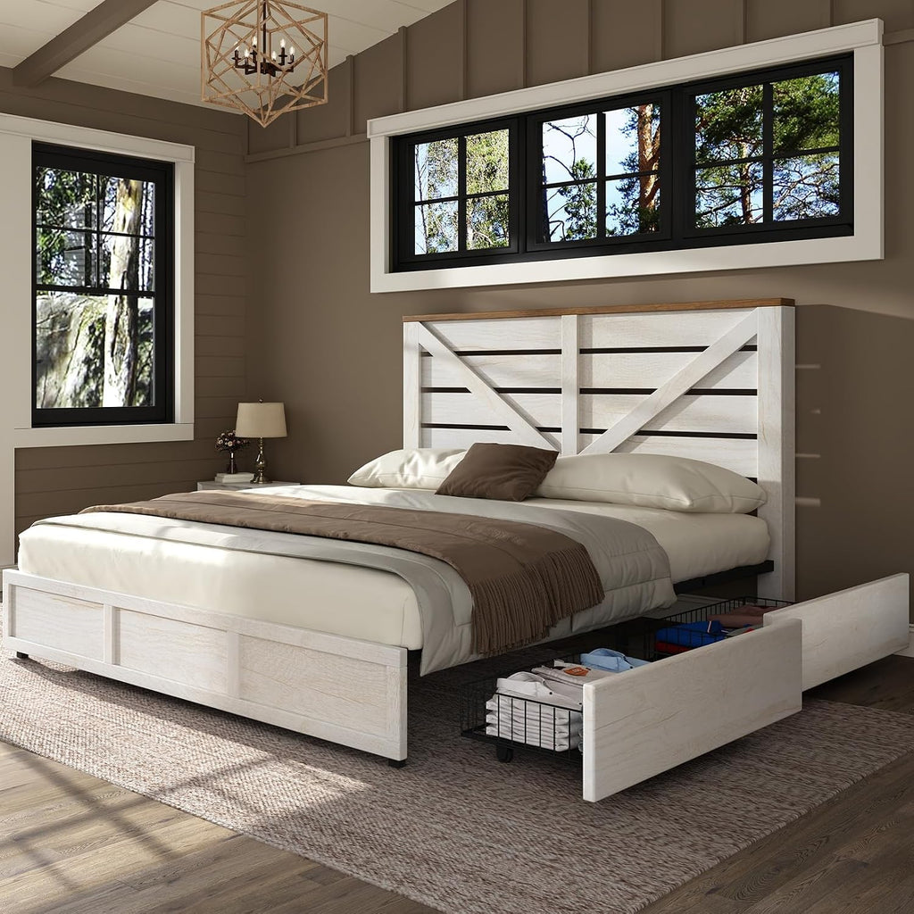 AMERLIFE King Size Farmhouse Bed Frame with 4 Drawers, Wooden Storage Bed Frame with Headboard and Heavy Duty Metal Slats, Noisy Free, Easy Assemble, White/Barnwood