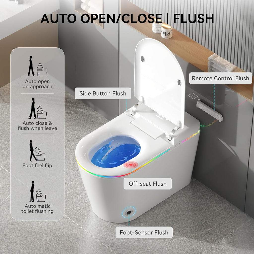 Smart Toilet with Bidet Built-in,One Piece Toilet with Foam Shield,Auto Open/Close Lid,Heated Seat,Warm Water Sprayer & Dryer,Adjustable Night Light,Auto Flush