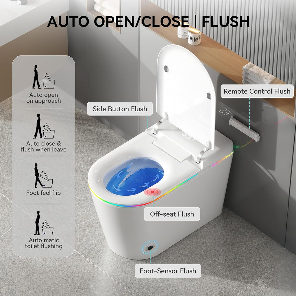 Smart Toilet with Bidet Built-in,One Piece Toilet with Foam Shield,Auto Open/Close Lid,Heated Seat,Warm Water Sprayer & Dryer,Adjustable Night Light,Auto Flush