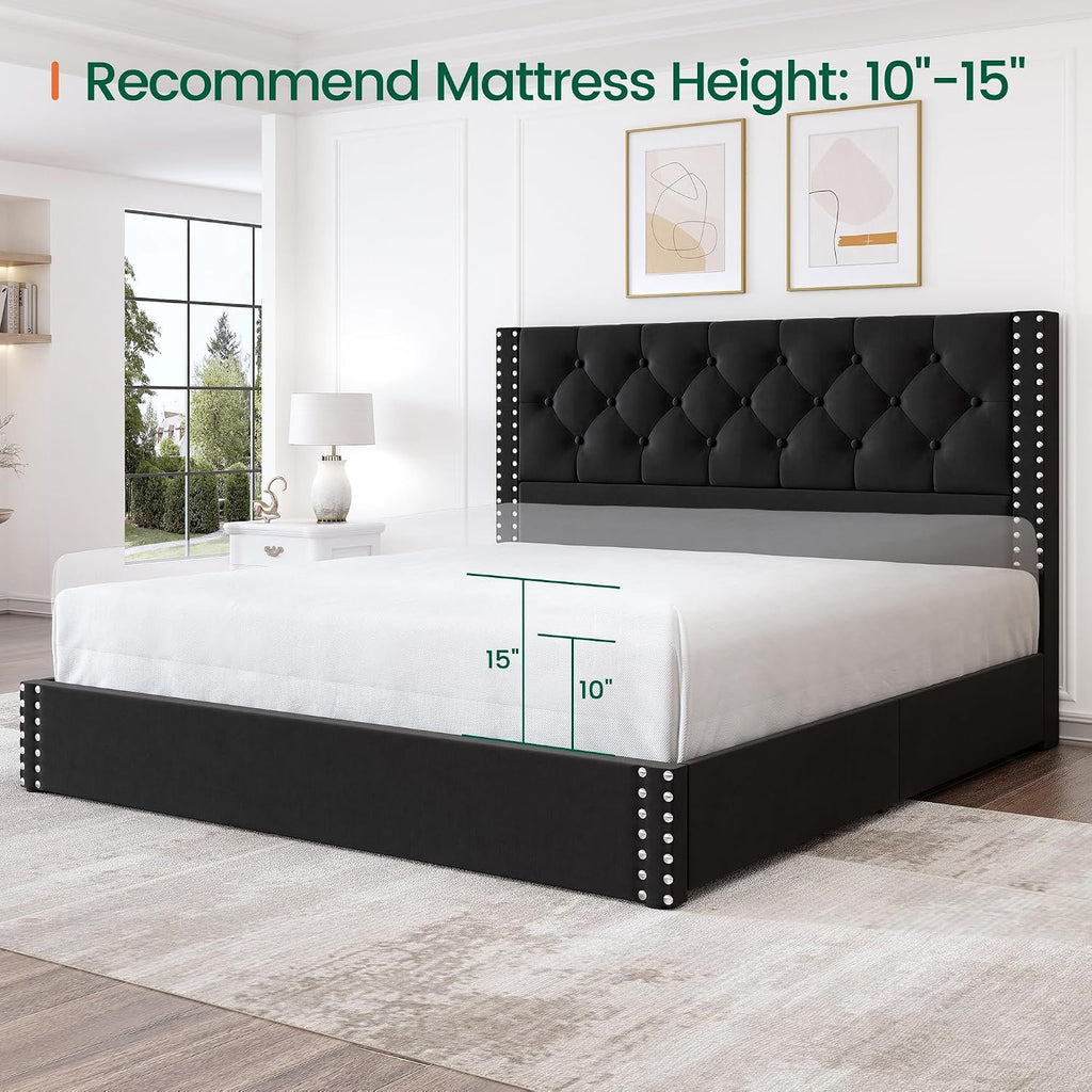 LARMACE Full Size Bed Frame with 4 Storage Drawers and Tufted Headboard Upholstered Platform Bed Frame with Heavy Duty Wood Slats, No Box Spring Needed, Easy Assembly,Black