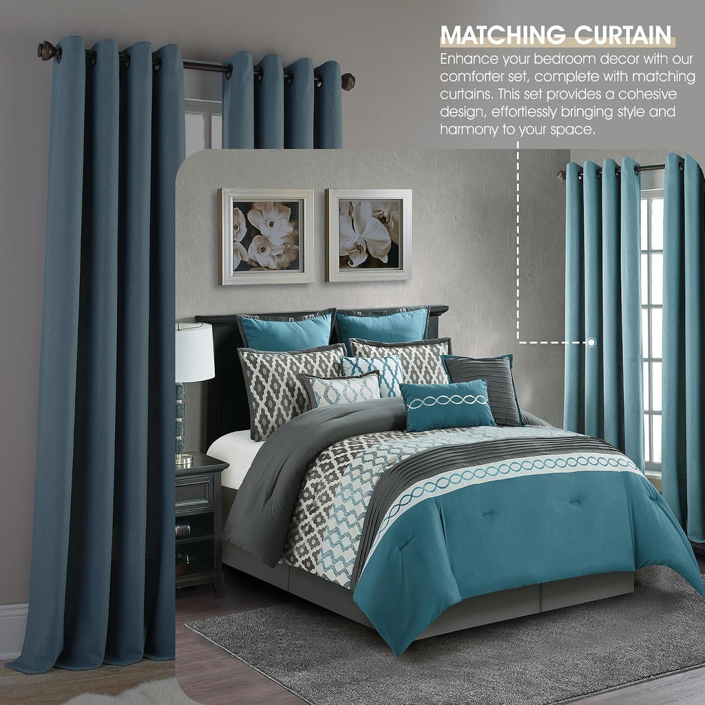 Stratford Park Geometirc California King Blue Comforter Set, 12 Piece, Jacquard Bedding Comforters & Sets, Bedskirt, Pillows, Euro Shams & Curtains Ultra-Soft