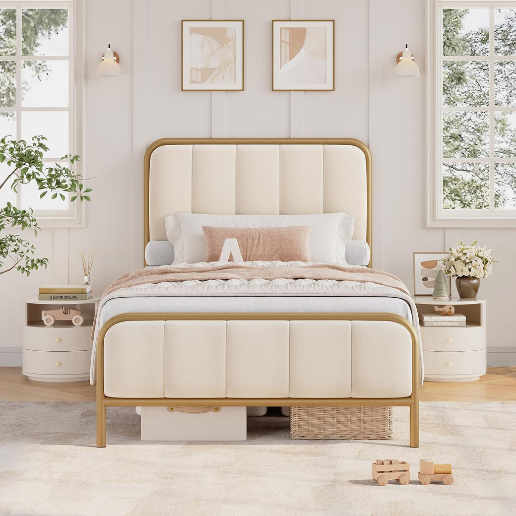 HITHOS Twin Size Bed Frame with Button Tufted Headboard, Upholstered Heavy Duty Metal Mattress Foundation with Wooden Slats, Easy Assembly, No Box Spring Needed (Golden/Off White, Twin)