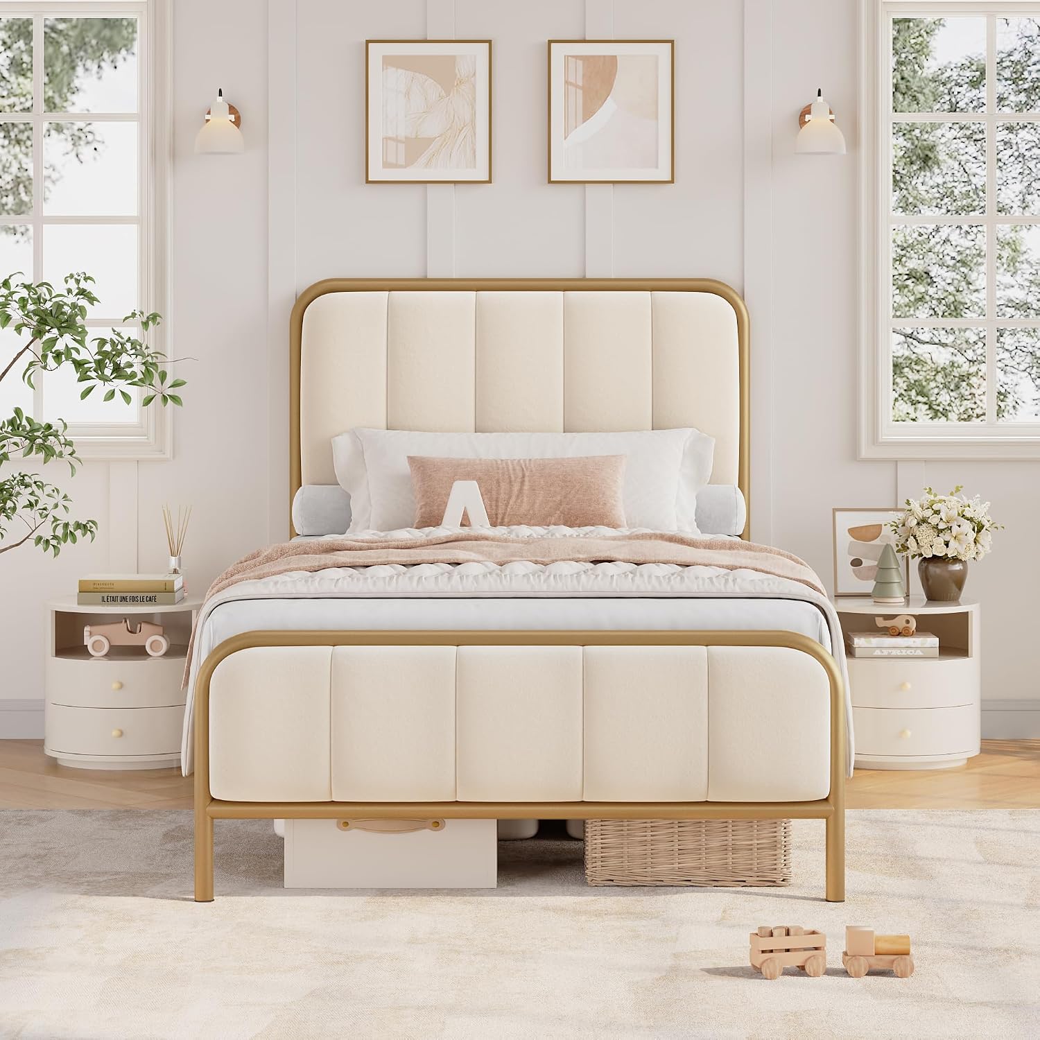 HITHOS Twin Size Bed Frame with Button Tufted Headboard, Upholstered Heavy Duty Metal Mattress Foundation with Wooden Slats, Easy Assembly, No Box Spring Needed (Golden/Off White, Twin)