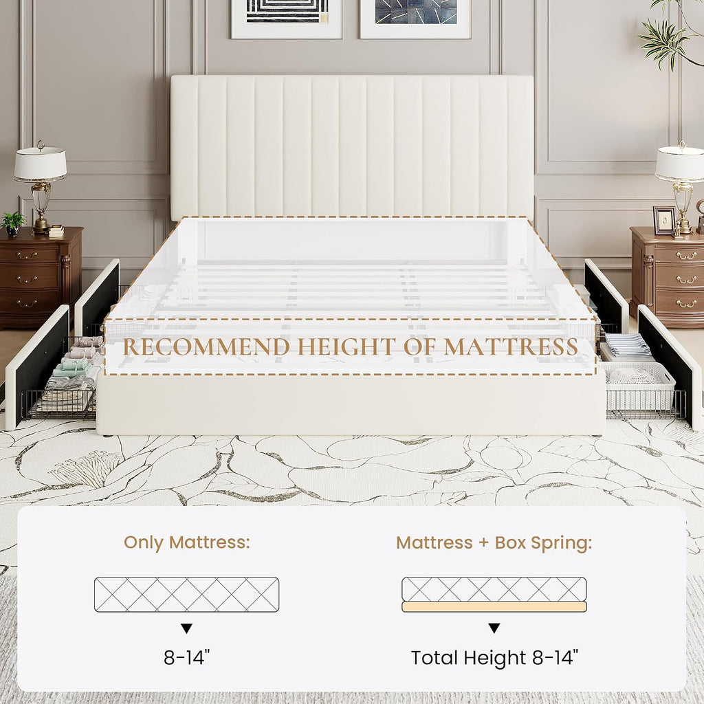 SHA CERLIN King Size Platform Bed Frame with 4 Storage Drawers, Vertical Channel Tufted Adjustable Headboard, Velvet Upholstered, Wooden Slats Support, No Box Spring Needed, Easy Assembly, Cream