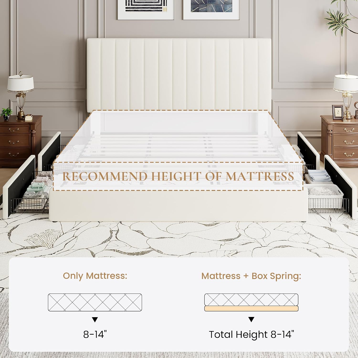 SHA CERLIN King Size Platform Bed Frame with 4 Storage Drawers, Vertical Channel Tufted Adjustable Headboard, Velvet Upholstered, Wooden Slats Support, No Box Spring Needed, Easy Assembly, Cream
