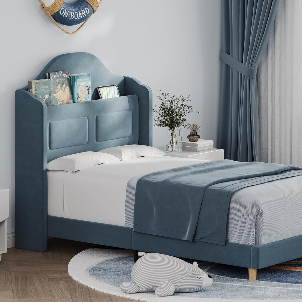 GarveeHome Twin Bed Frame for Kids, Upholstered Velvet Platform Bed for Boys/Girls with Wingback, Storage Bookcase Headboard & LED Lights, No Box Spring Needed, Noise-Free, Easy Assembly, Blue